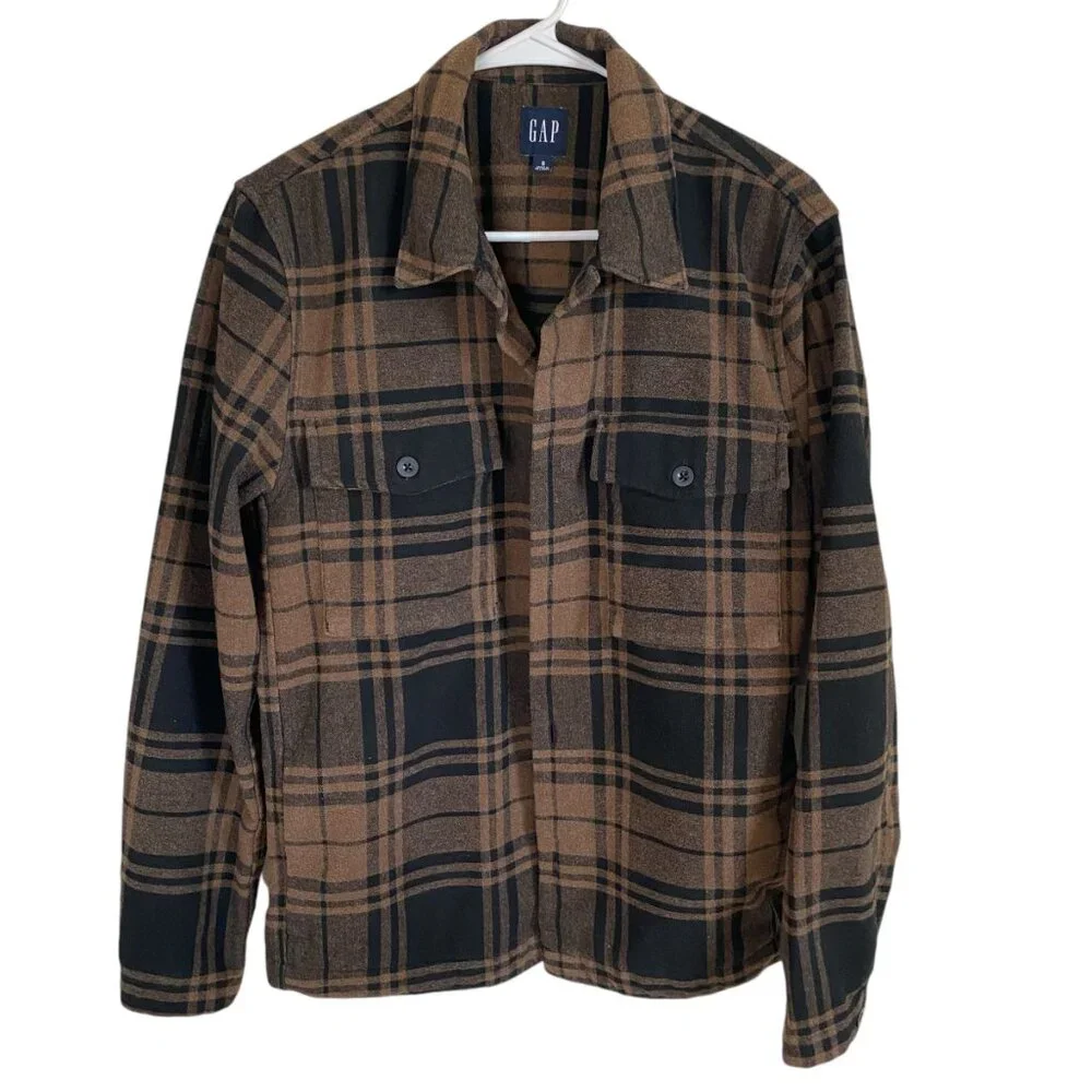 Gap women's size small brown and black collared long sleeve flannel shirt jacket